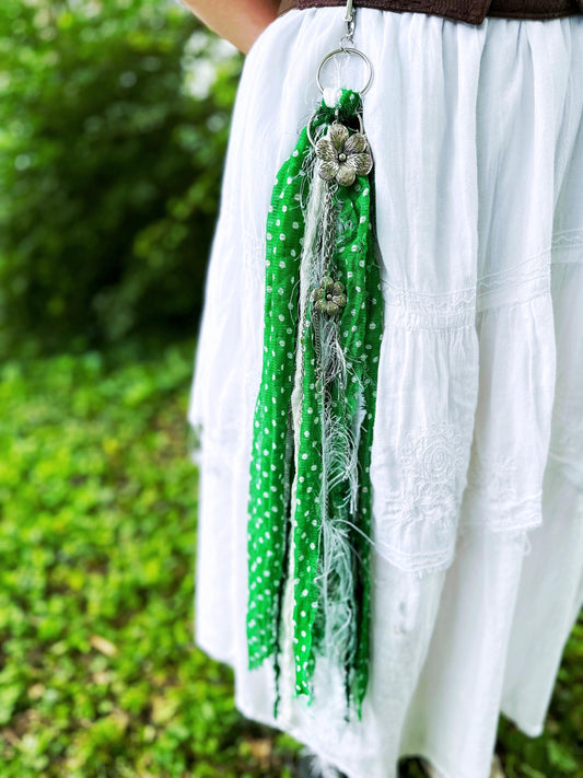 Chatelaine Belt Sash | Green & White, Silver Flowers OOAK Accessory with Hooks, Clips, Clasps | Reclaimed Materials, Silk, Linen, Fiber Art
