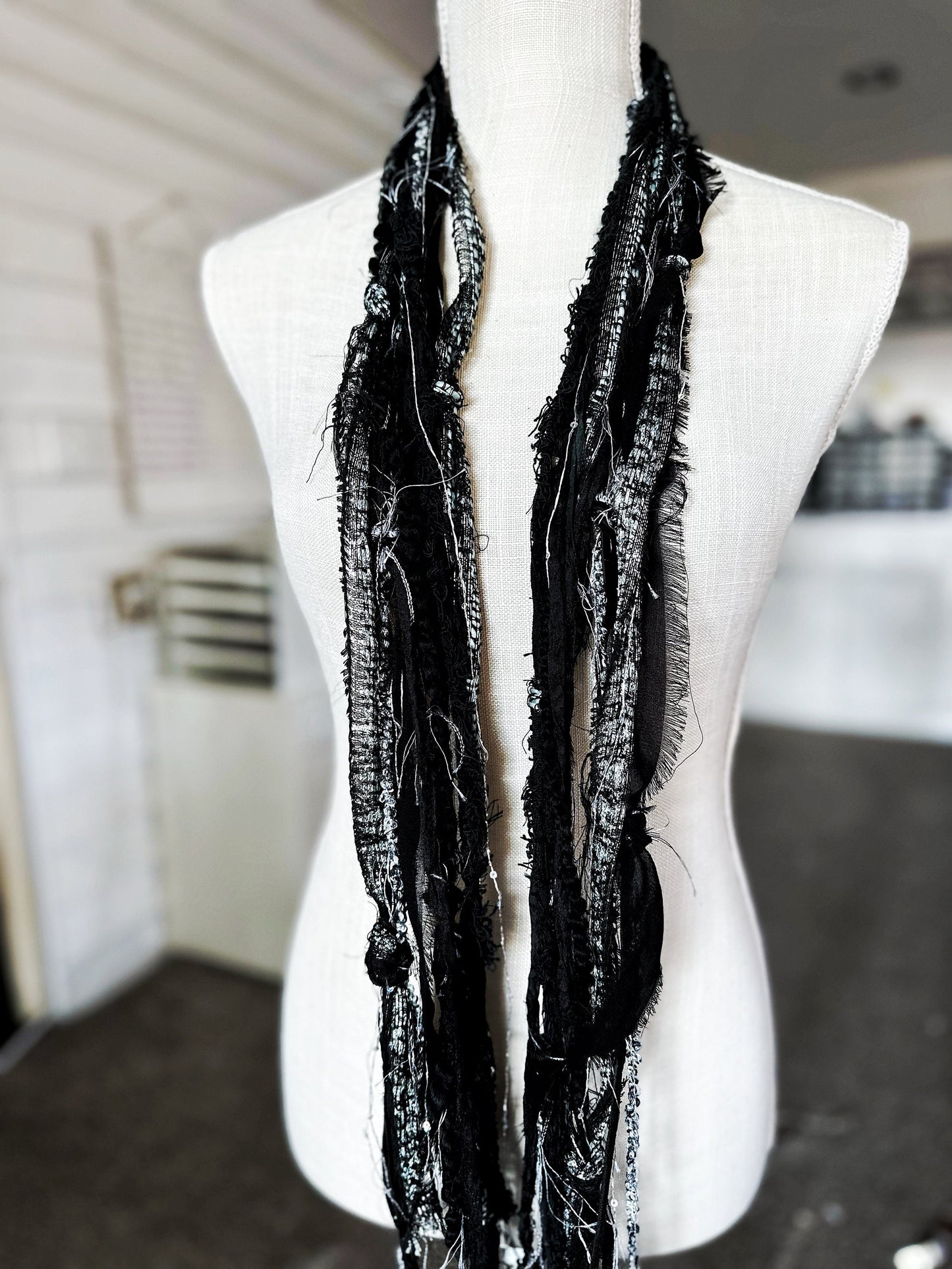 NEW Silver & Black Hobo Scarf | Hippie Clothes | Festival Clothing for Women, Men | Upcycled Repurposed Scarves | Organic Cotton, Silk