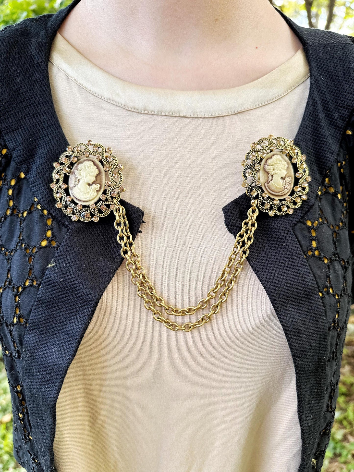 Gold-toned Cameo Cloak Clasp, Costume Cameo Brooch w/ Rhinestones | Victorian Fairytale Closure, Gothic Edwardian Adult Costume Accessories