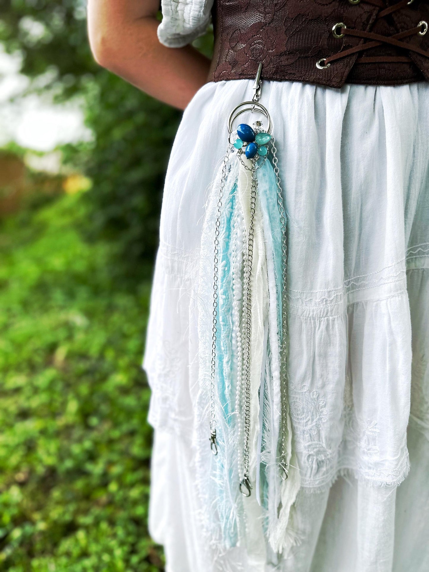 Chatelaine Belt Sash | Blue & White Silver Lace OOAK Accessory with Hooks, Clips, Clasps | Reclaimed Materials, Silk, Linen, Fiber Art
