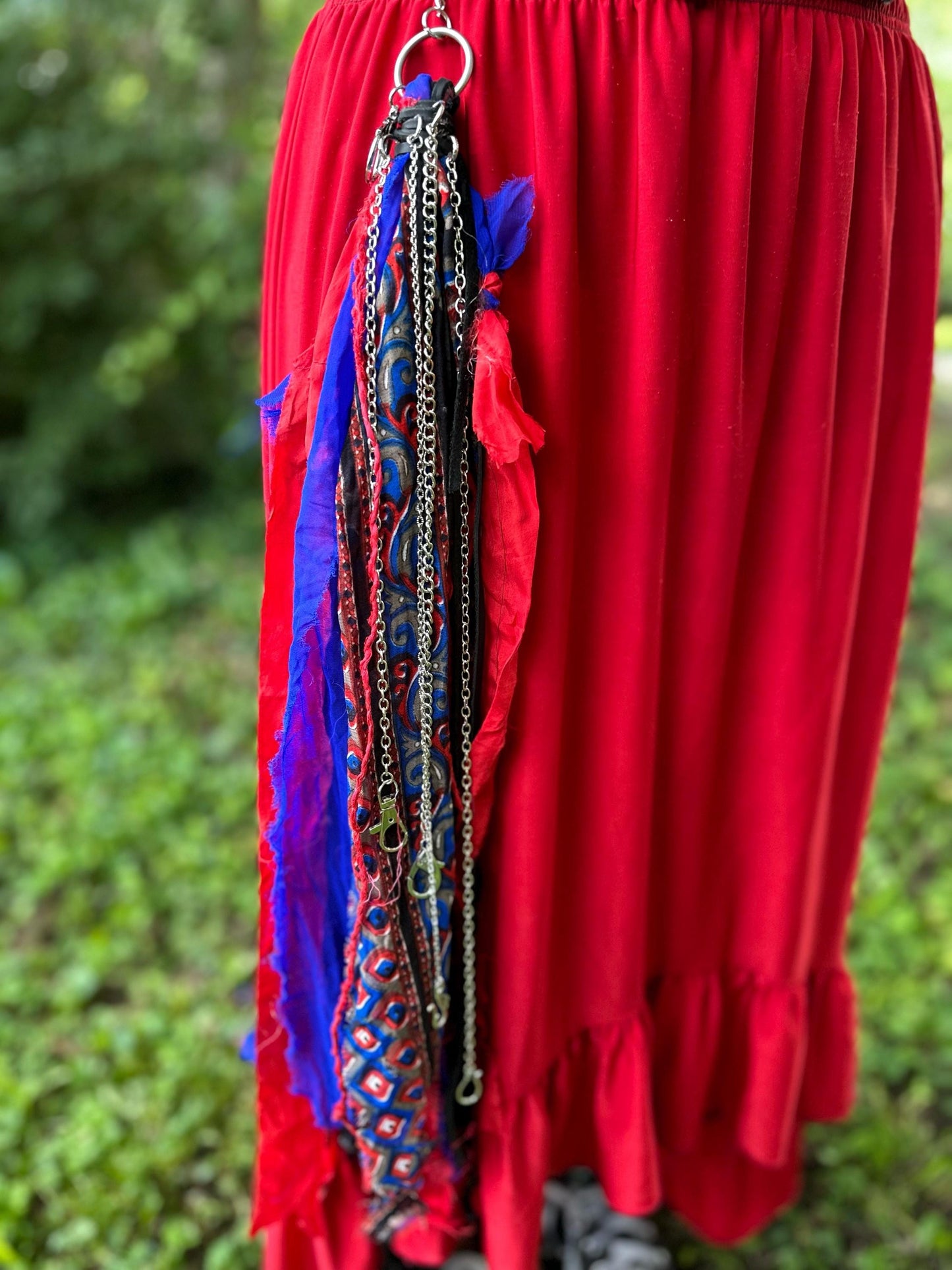 Chatelaine Belt Sash | Red, Black & Blue OOAK Accessory with Silver Hooks, Clips for Trinkets | Reclaimed Materials, Silk, Linen, Fiber Art