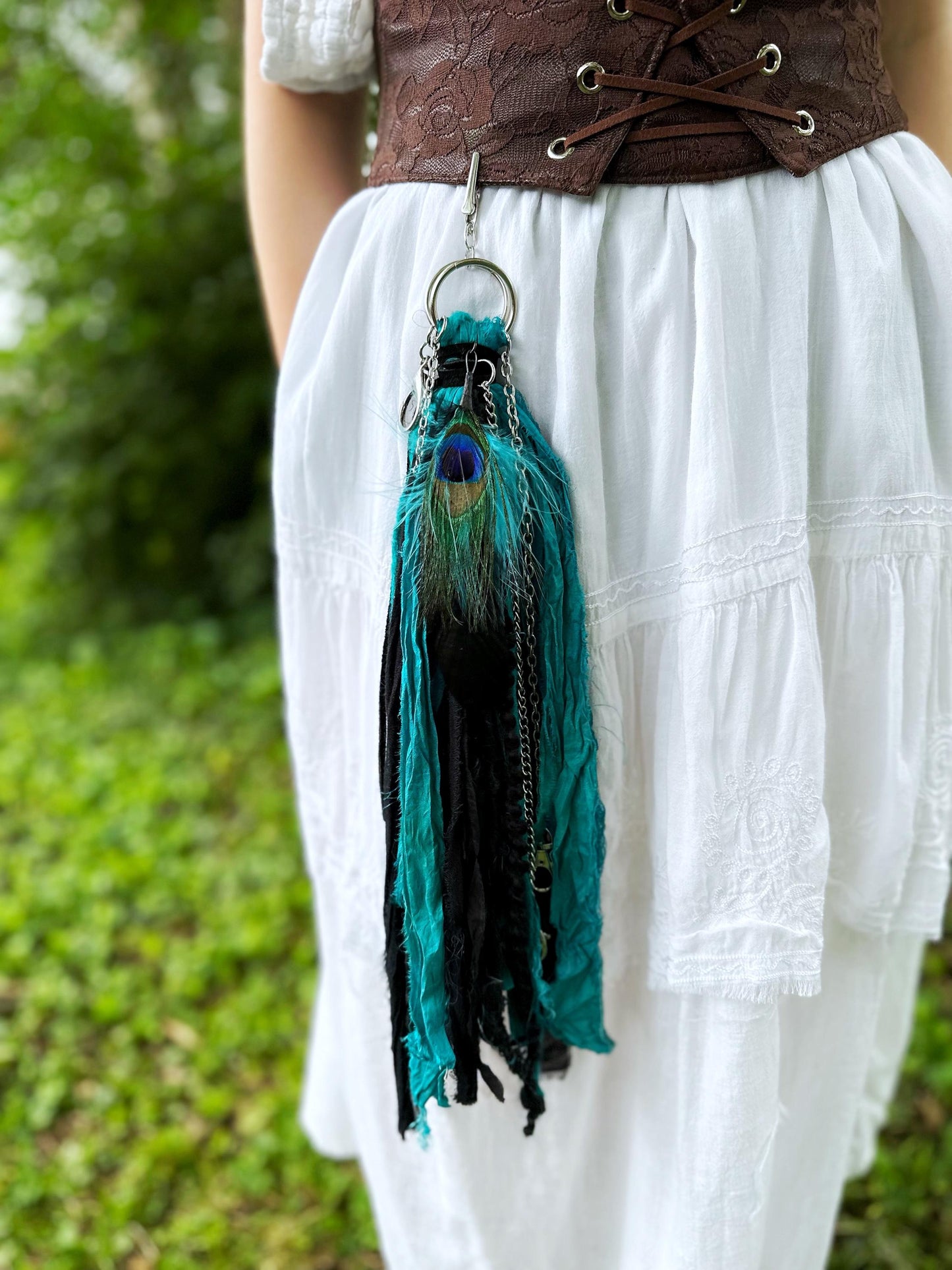 Chatelaine Belt Sash | Teal & Black Peacock Feather OOAK Accessory with Hooks, Clips, Clasps | Reclaimed Materials, Silk, Linen, Fiber Art