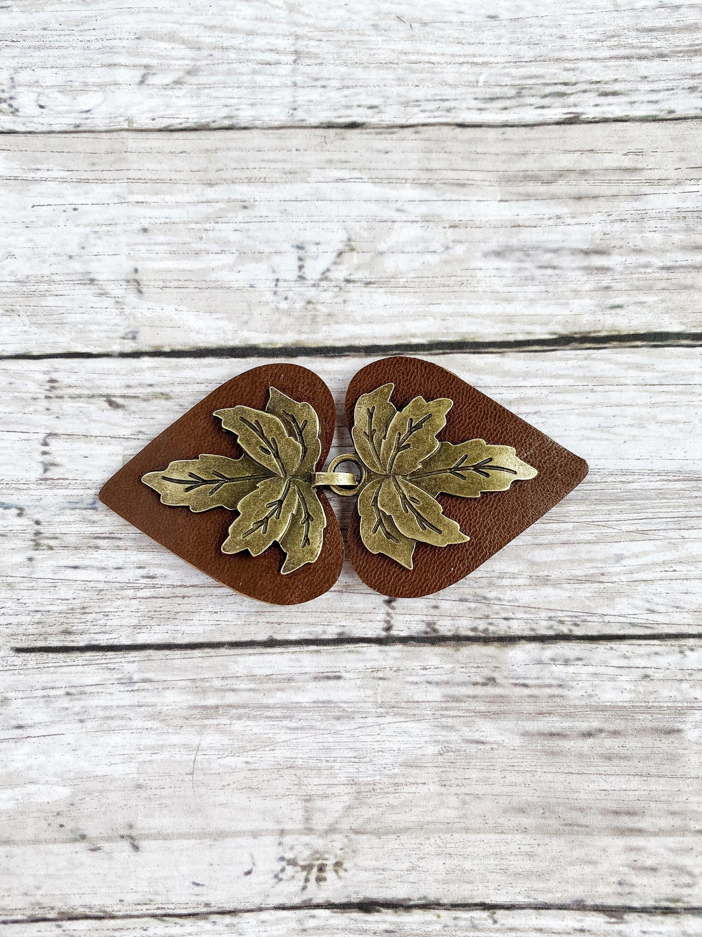 "Halcyon" Bronze Metal Leaf on Brown Leather Clothing Clasp