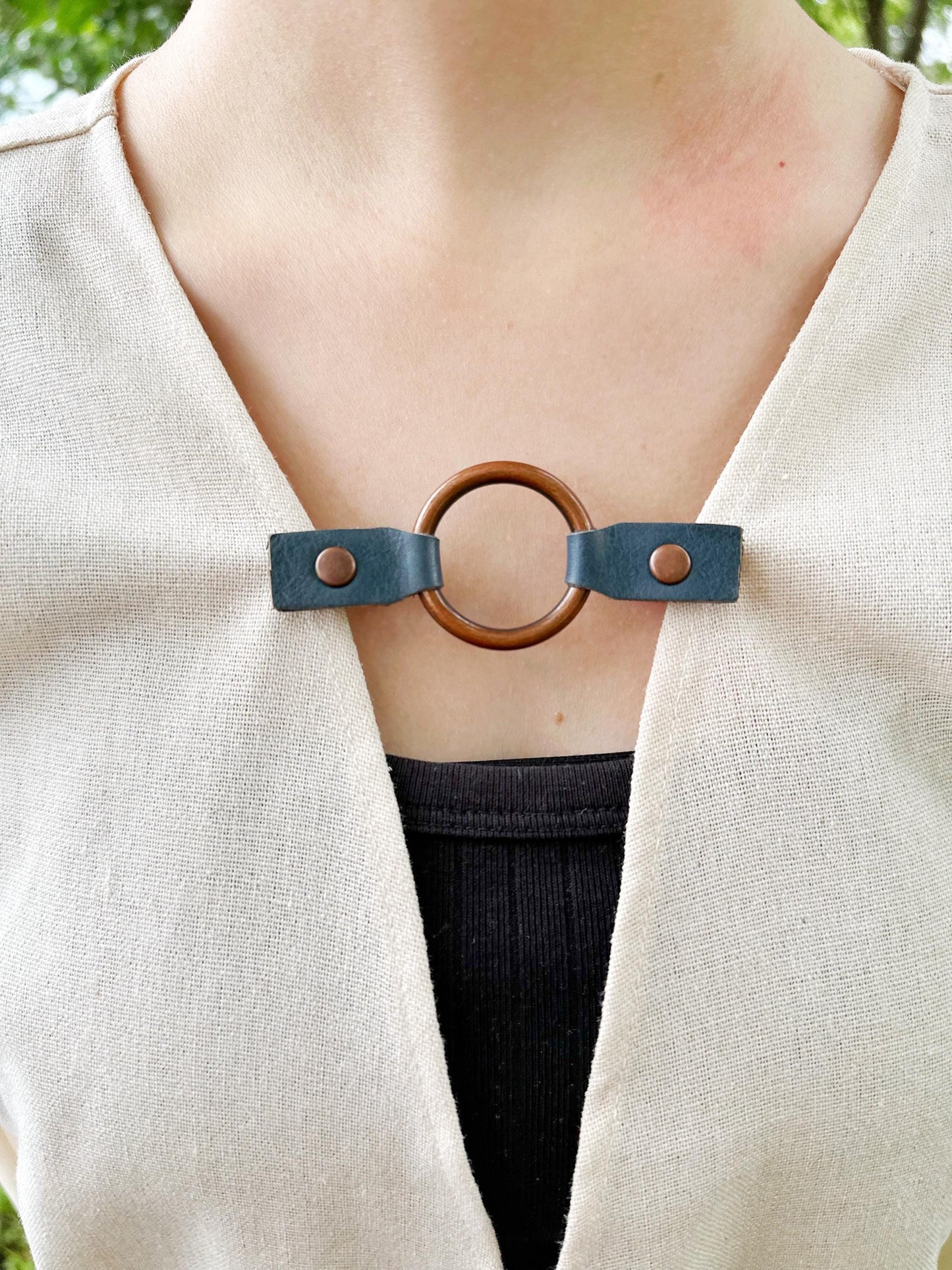 Dress Cinch Clip | Copper Ring & Blue Leather Sweater Clip | Unique Clothing Clasps Shawl Clip | Steampunk Minimalist Versatile Skinny Belt