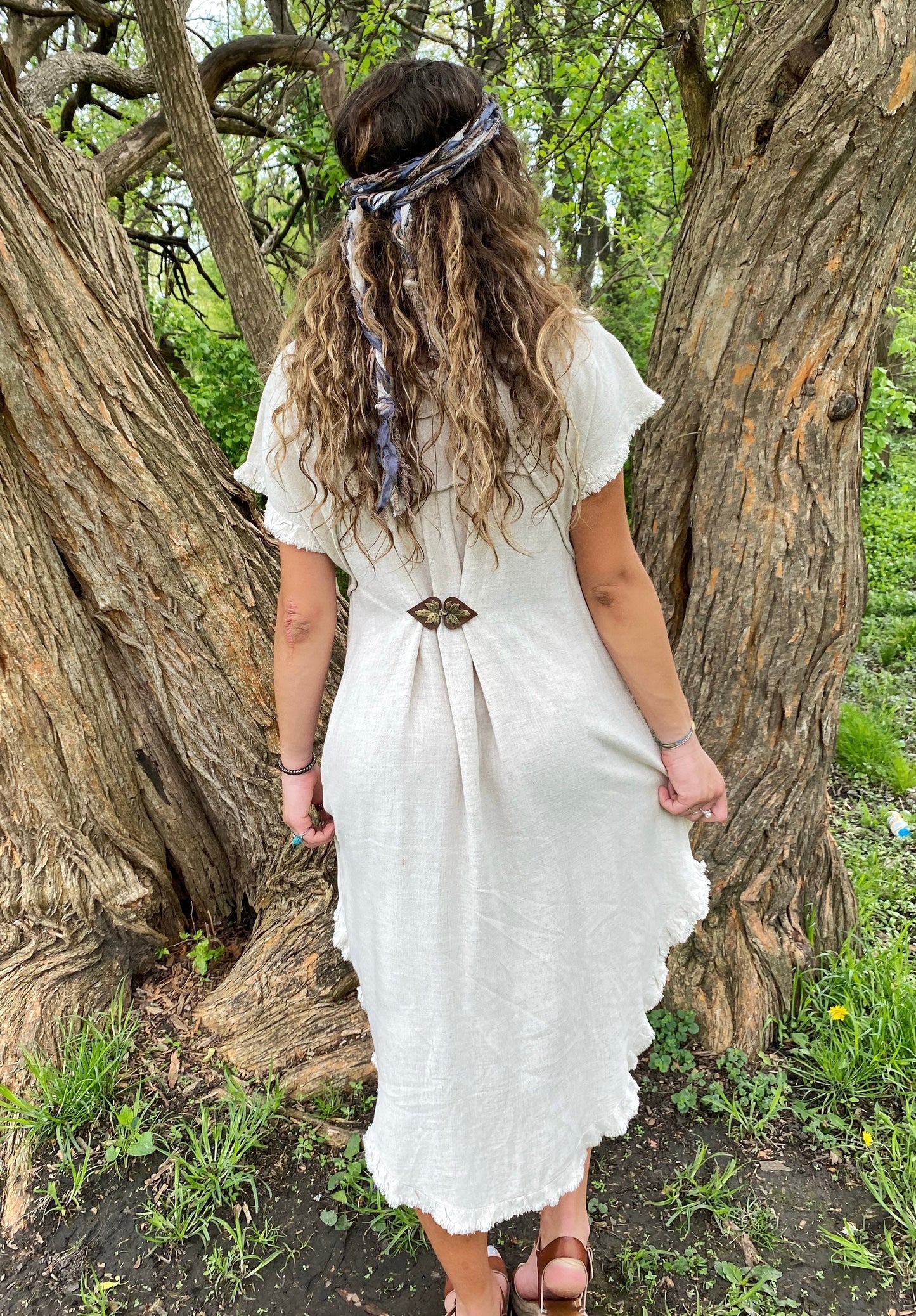 "Halcyon" Bronze Metal Leaf on Brown Leather Clothing Clasp