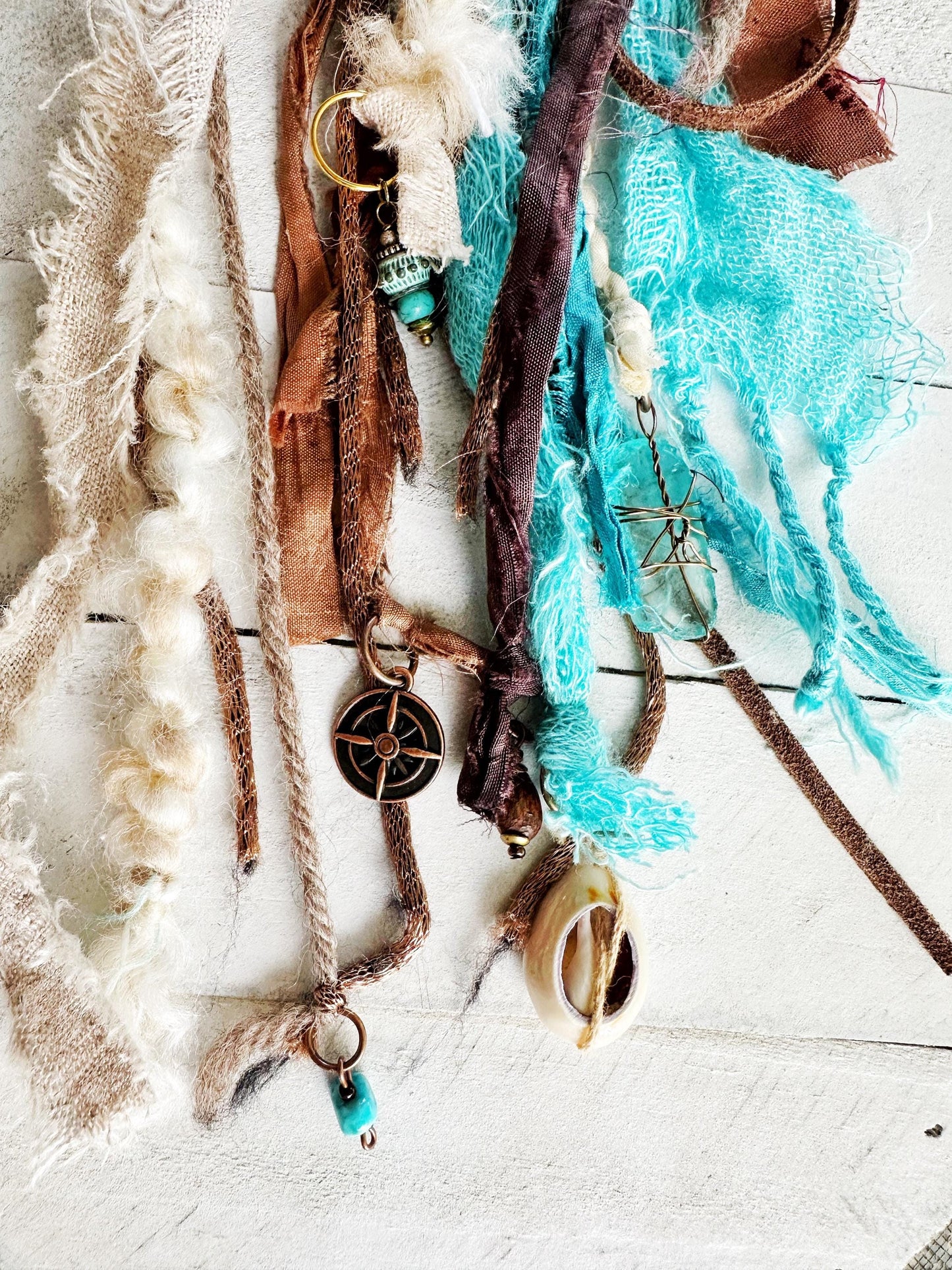 Turquoise Silk & Linen Textile Necklace | Hippie Clothes | "Beach Boho"  Multi-Strand Skinny Scarf for Men, Women | Sea Glass Seashell Charm