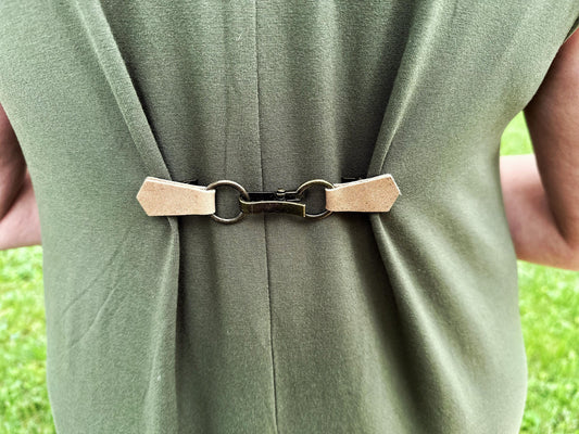 NEW Bronze Buckle & Tan Brown Leather Cinch Clip, Skinny Belt Alternative for Dress, Jacket, Cardigan, Mini-Tailor Button Closure, KardiKlip
