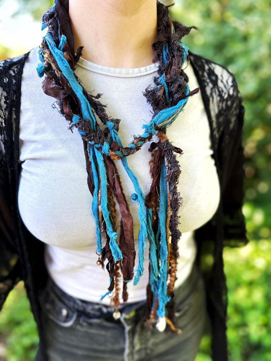 Boho Skinny Scarf | Hippie Clothes | "Seaside Rendezvous" Festival Scarf | Extra Long Unique Statement Scarves | Organic Cotton, Silk, Suede