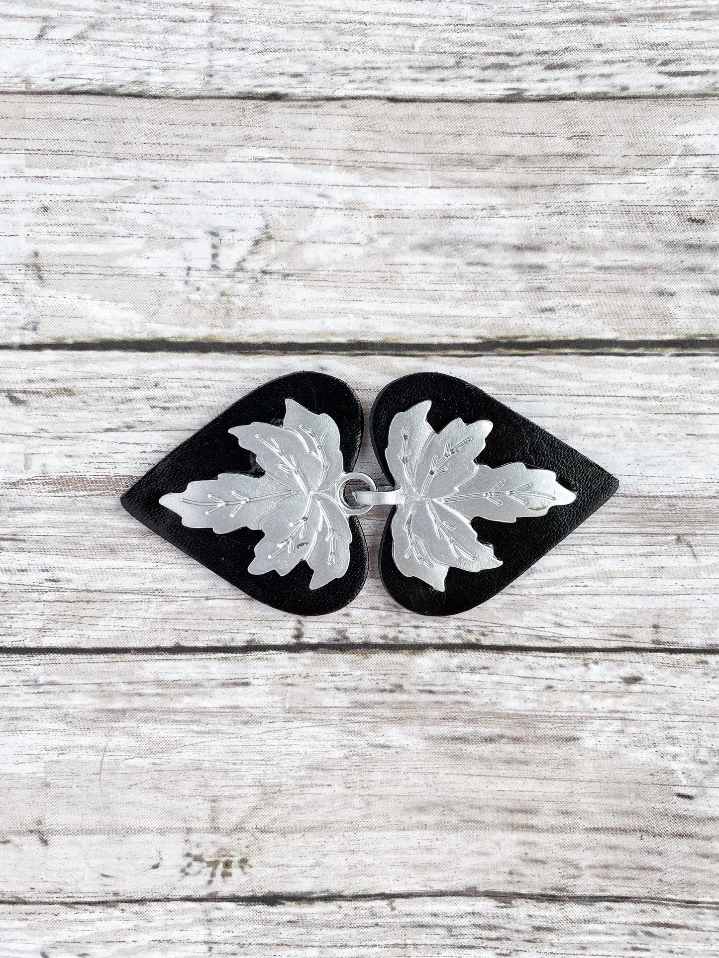 Silver Leaf Cloak Clasp | Sweater Clips |  Metal on Genuine Black Leather Cardigan Closure | Kardiklips | Steampunk Renaissance Cape | K-008