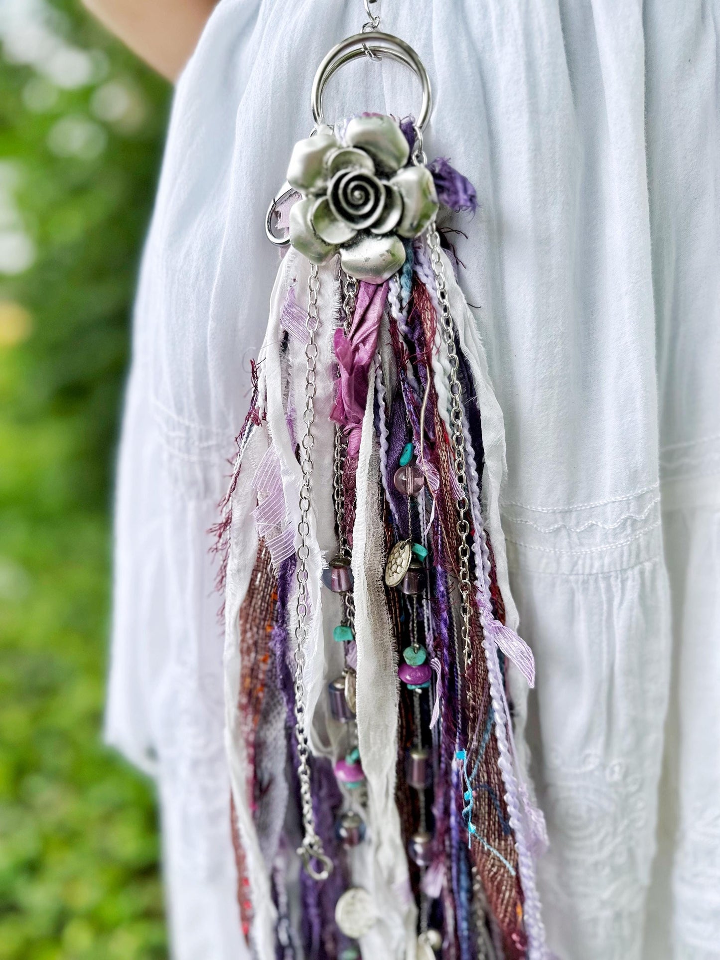Chatelaine Belt Sash | Silver Flower, Purple & White OOAK Accessory with Hooks, Clips, Clasps | Reclaimed Materials, Silk, Linen, Fiber Art