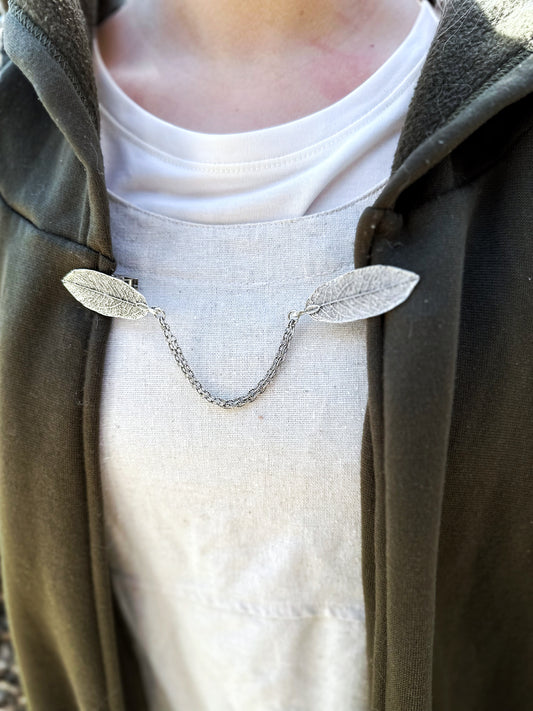 "Willow" Silver Metal Leaf Cloak Clasp w/ Chain
