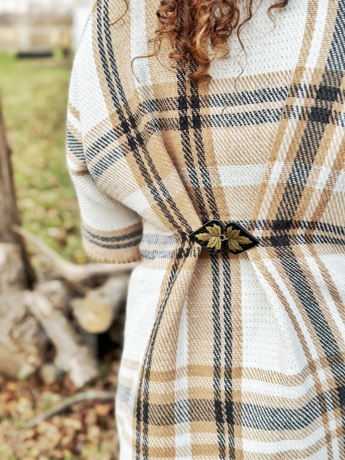 "Halcyon" Bronze Metal Leaf on Black Leather Clothing Clasp