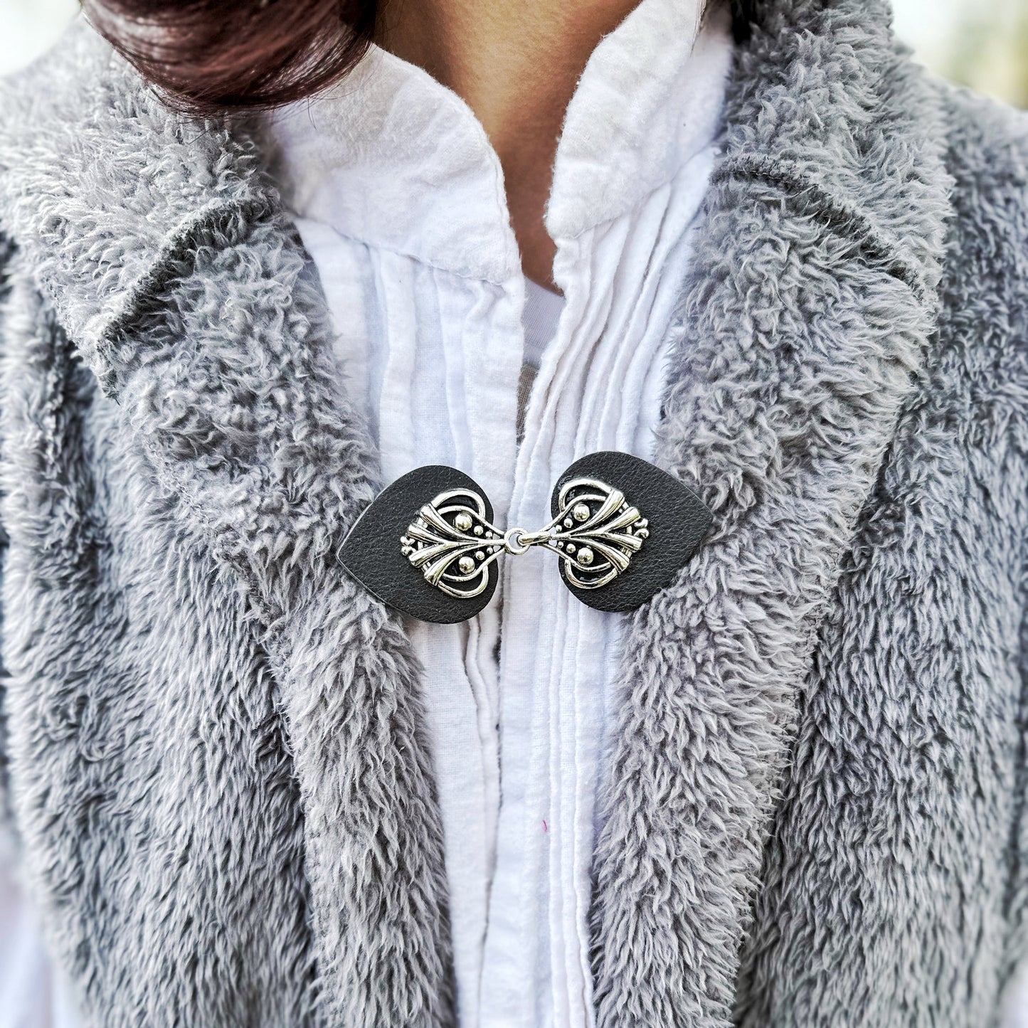"Myriad" Silver on Gray Leather Clothing Clip
