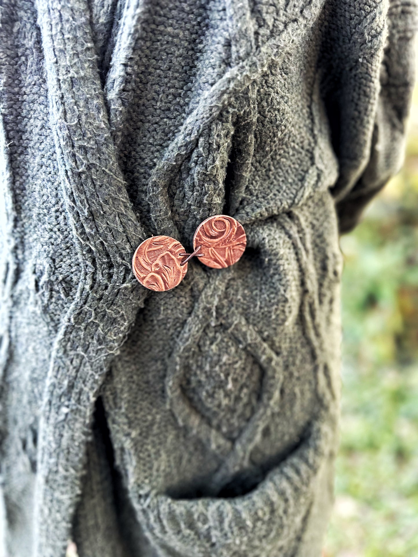 "Impressions" Raised Embossed Brown Leather Clasp Medallions
