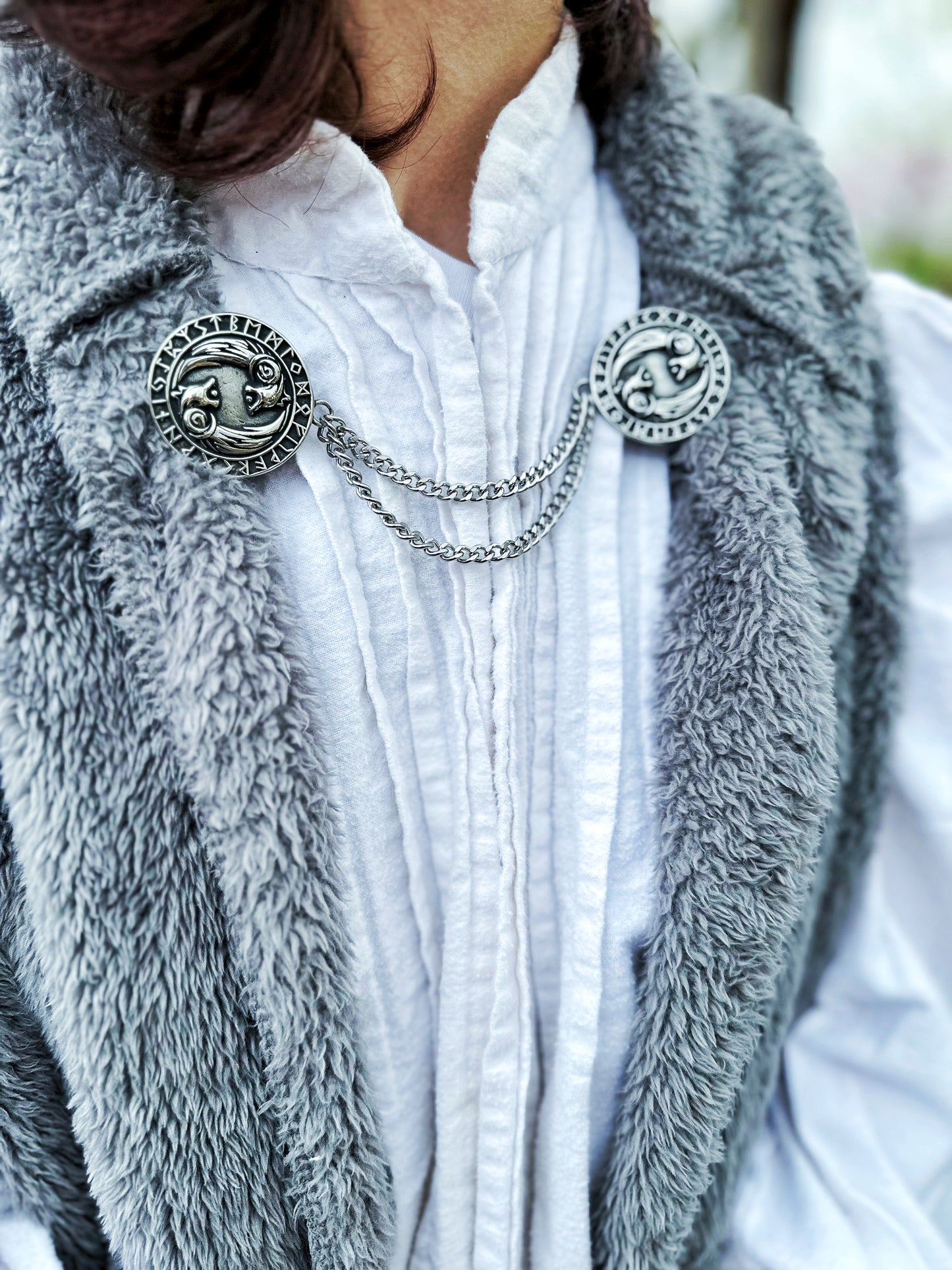 Nordic Wolf Silver Cloak Clasp w/ Chain (Stainless Steel)