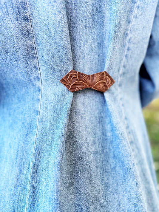 "Impressions" Raised Embossed Brown Leather Clasp