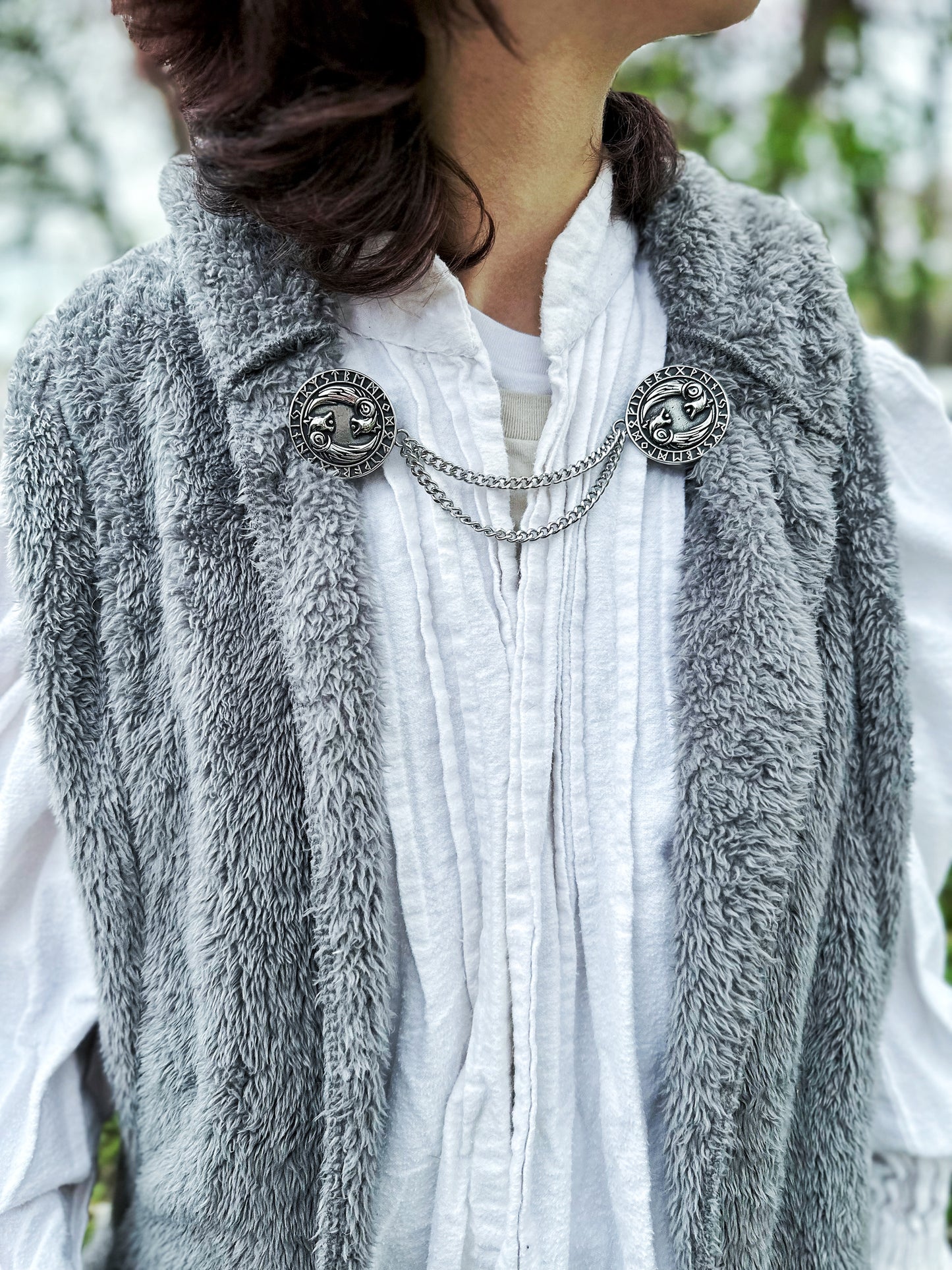 Nordic Wolf Silver Cloak Clasp w/ Chain (Stainless Steel)