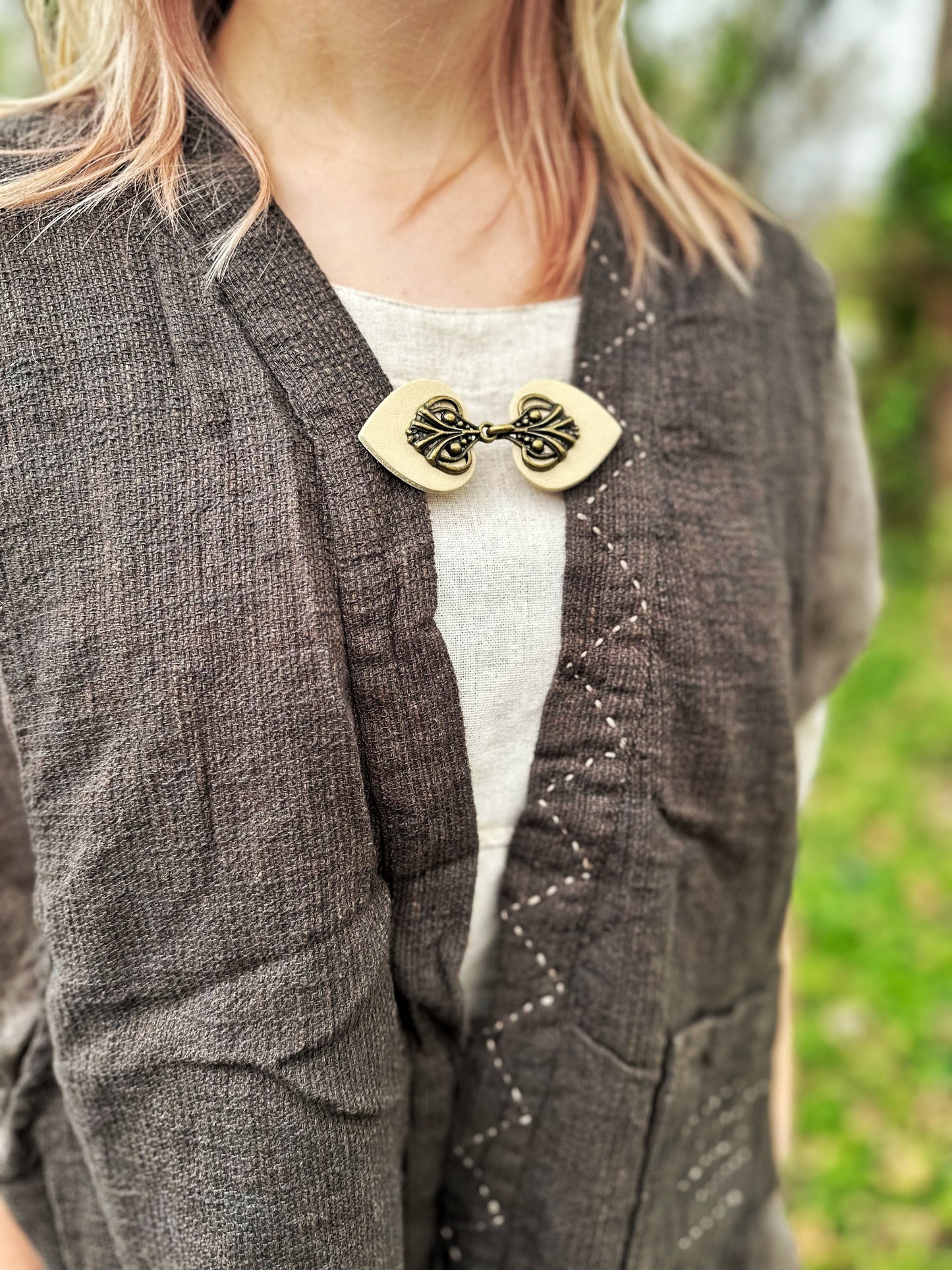 "Myriad" Bronze on Beige Leather Clothing Clip