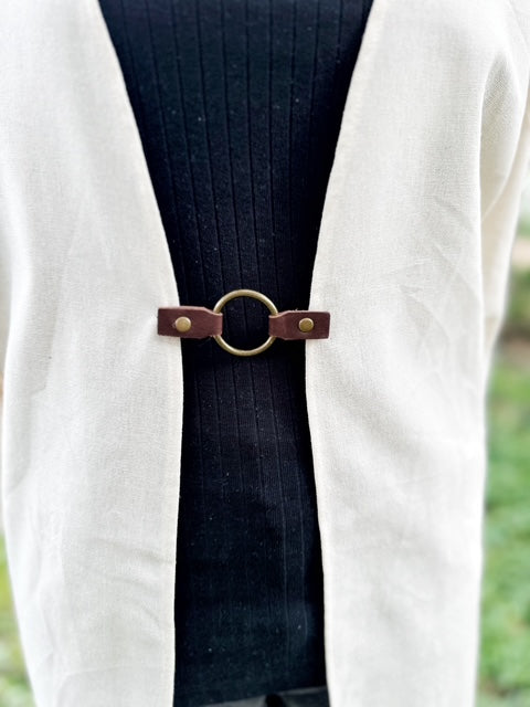 Dress Cinch Clip | Bronze Ring & Brown Leather Sweater Clip | Unique Clothing Clasps Shawl Clip | Steampunk Minimalist Versatile Skinny Belt