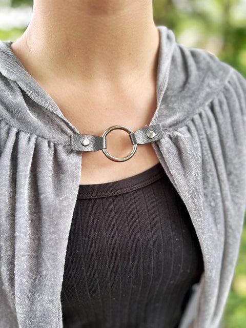Dress Cinch Clip | Silver Ring & Gray Leather Sweater Clip | Unique Clothing Clasps Shawl Clip | Steampunk Minimalist Versatile Capsule