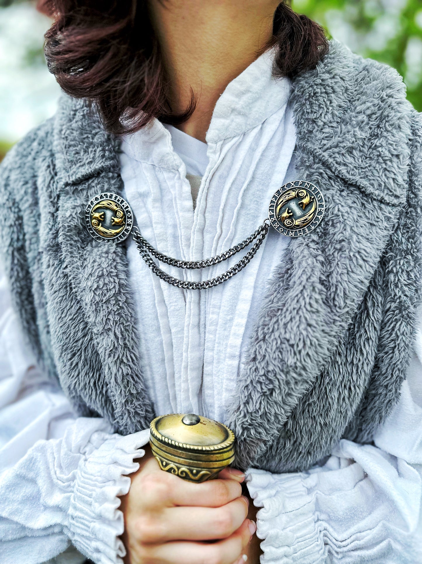 Nordic Wolf Cloak Clasp w/ Chain (Stainless Steel, Two-Toned)