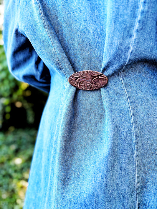 "Impressions" Raised Embossed Brown Leather Clasp