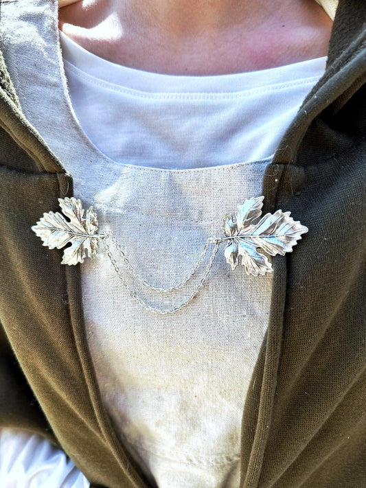 "Sylvan" Silver Maple Leaf Cloak Clasp w/ Chains
