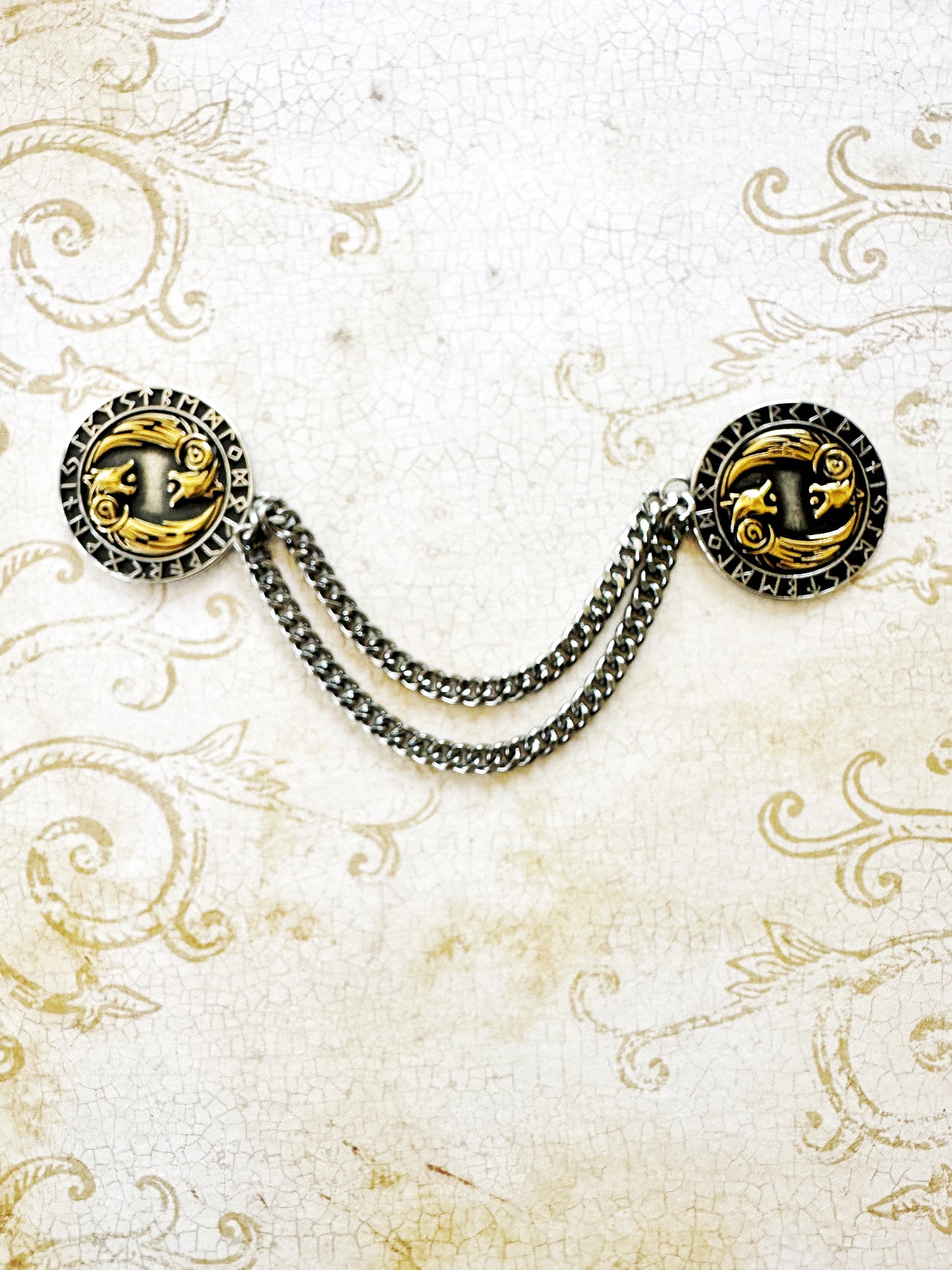 Nordic Wolf Cloak Clasp w/ Chain (Stainless Steel, Two-Toned)