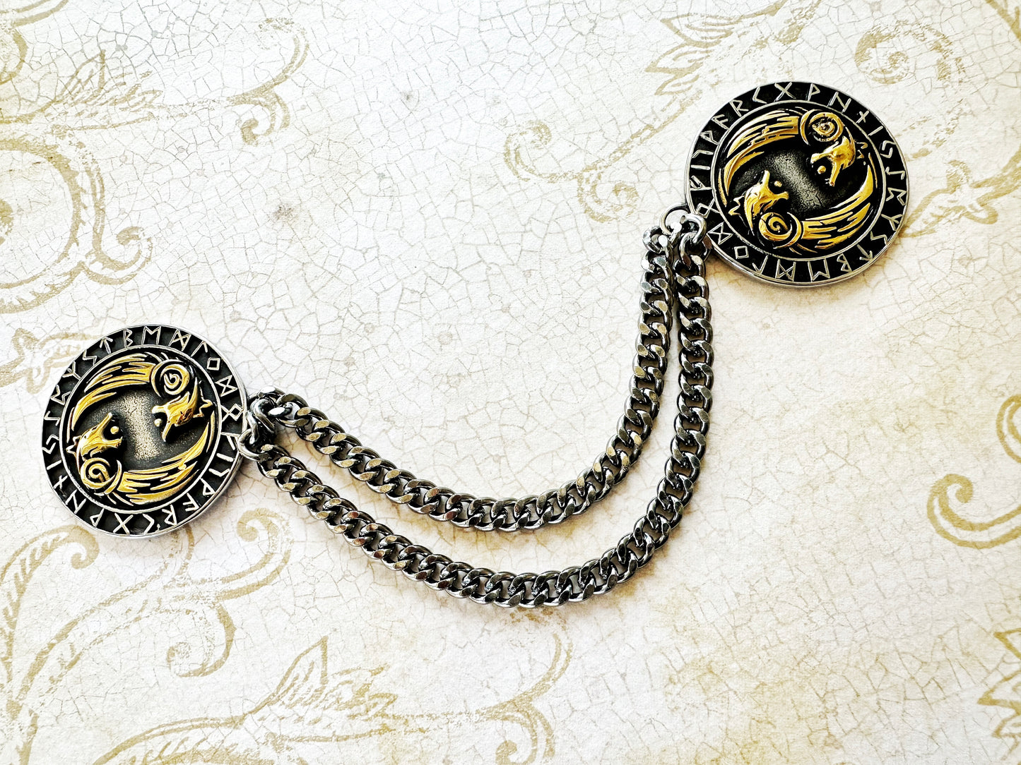 Nordic Wolf Cloak Clasp w/ Chain (Stainless Steel, Two-Toned)