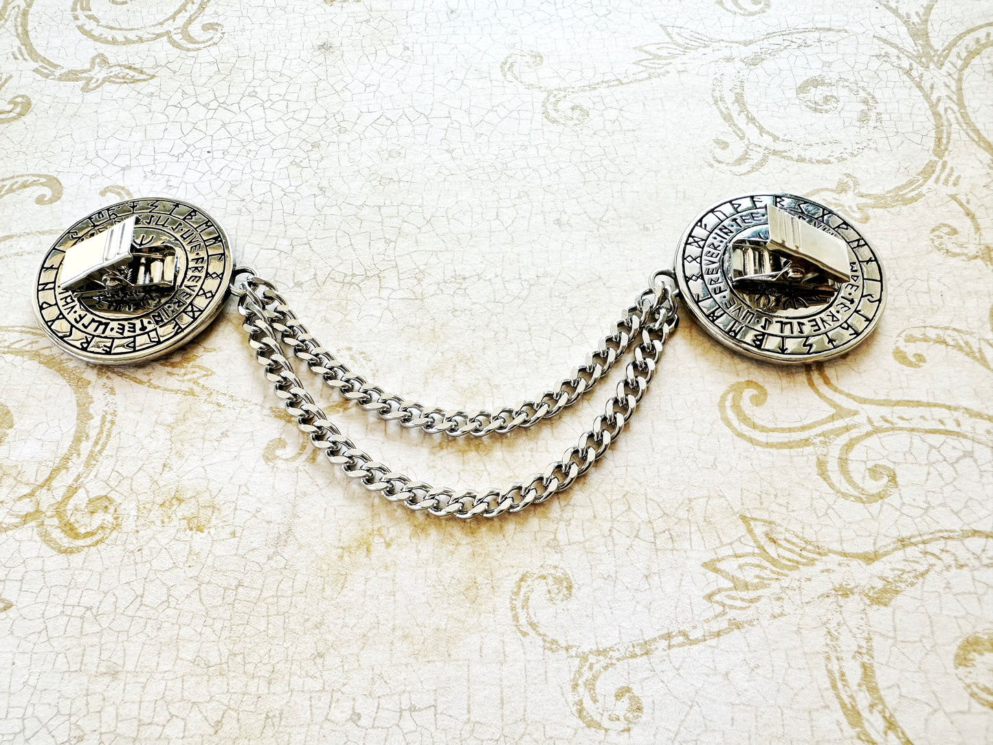 Nordic Wolf Silver Cloak Clasp w/ Chain (Stainless Steel)