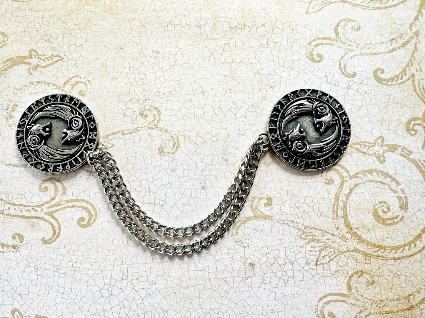 Nordic Wolf Silver Cloak Clasp w/ Chain (Stainless Steel)