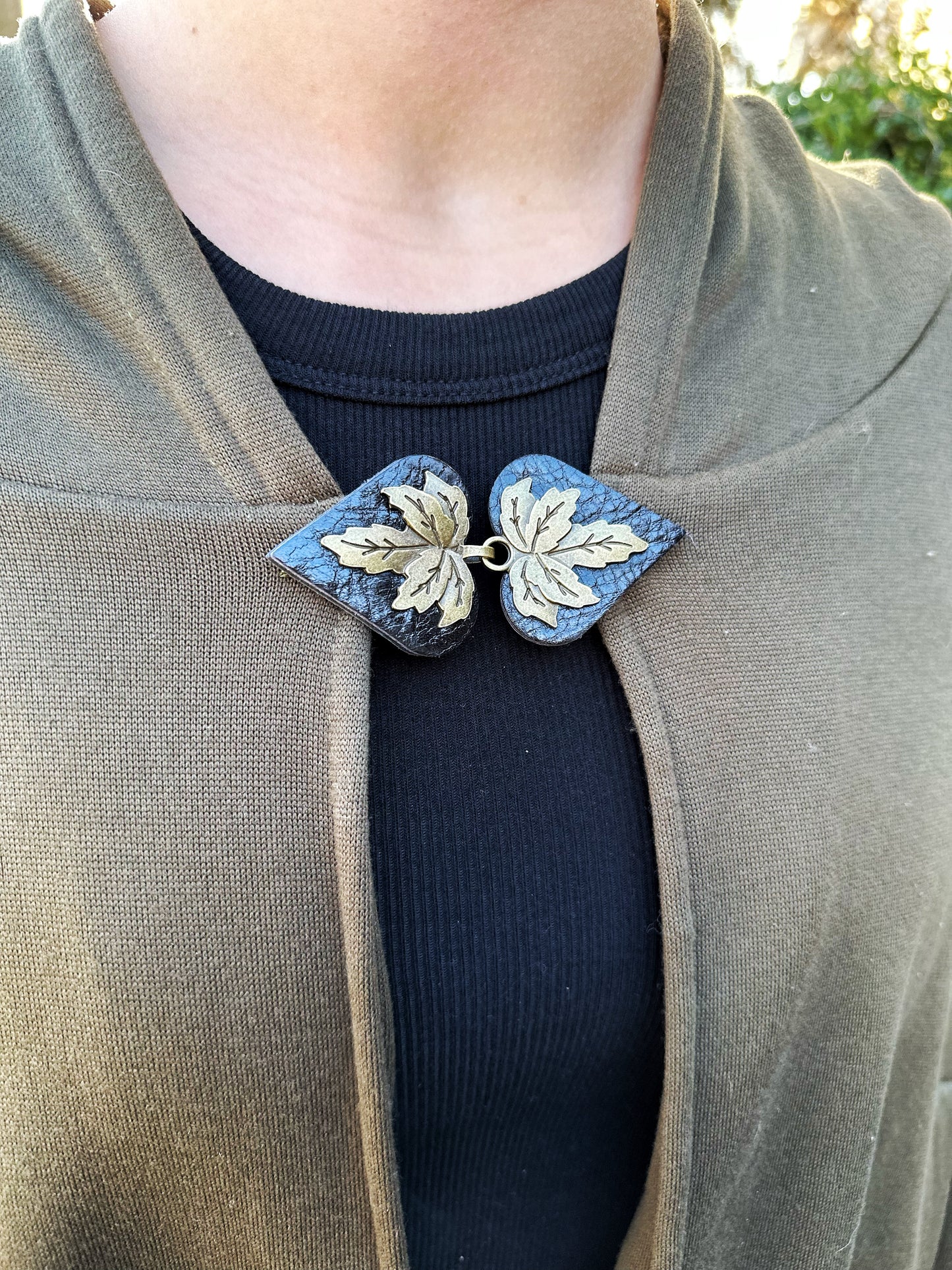 "Halcyon" Bronze Metal Leaf on Black Leather Clothing Clasp