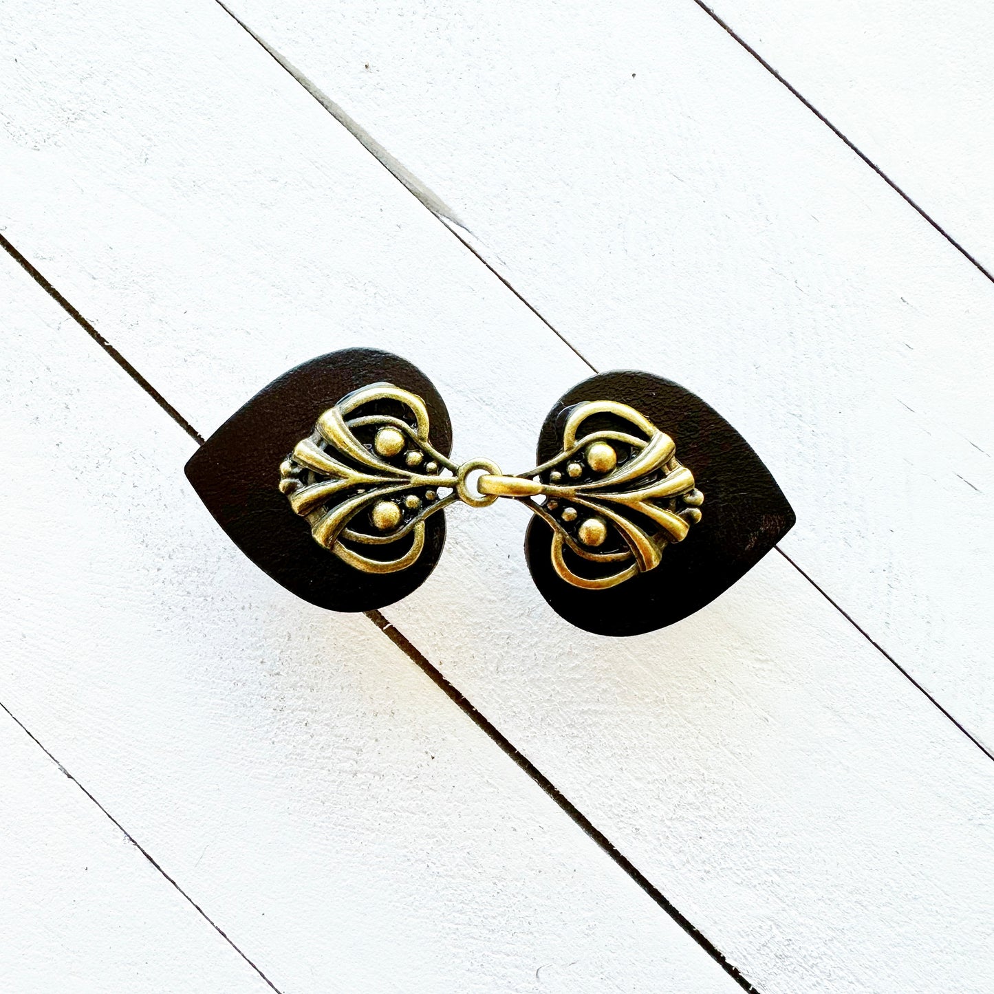 "Myriad" Bronze on Black Leather Clothing Clip