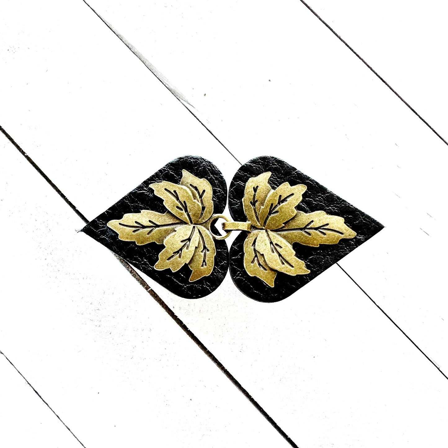"Halcyon" Bronze Metal Leaf on Black Leather Clothing Clasp