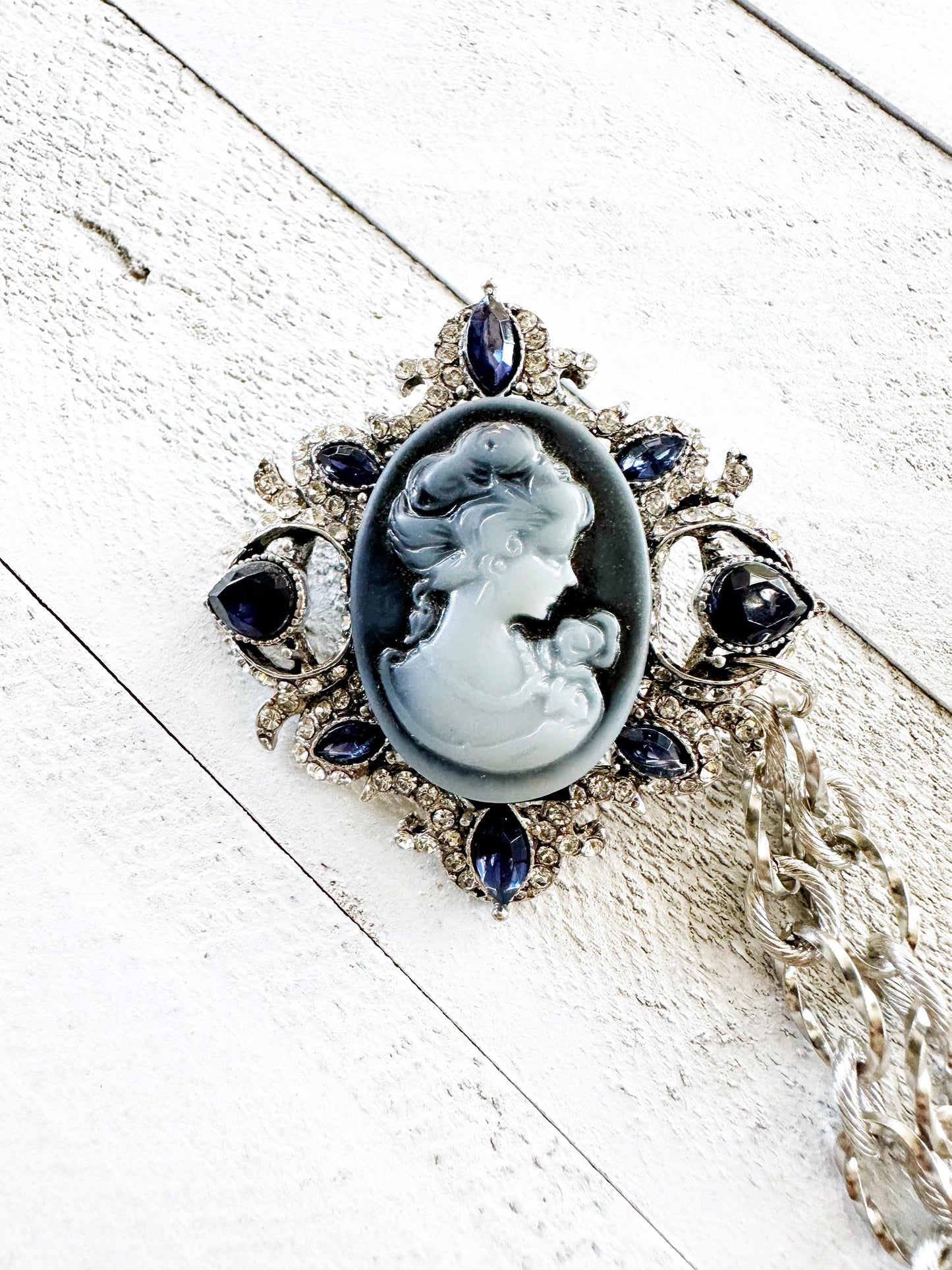Blue Silver Cameo Cloak Clasp, Costume Cameo Brooch w/ Rhinestones | Victorian Fairytale Closure, Gothic Edwardian Adult Costume Accessories