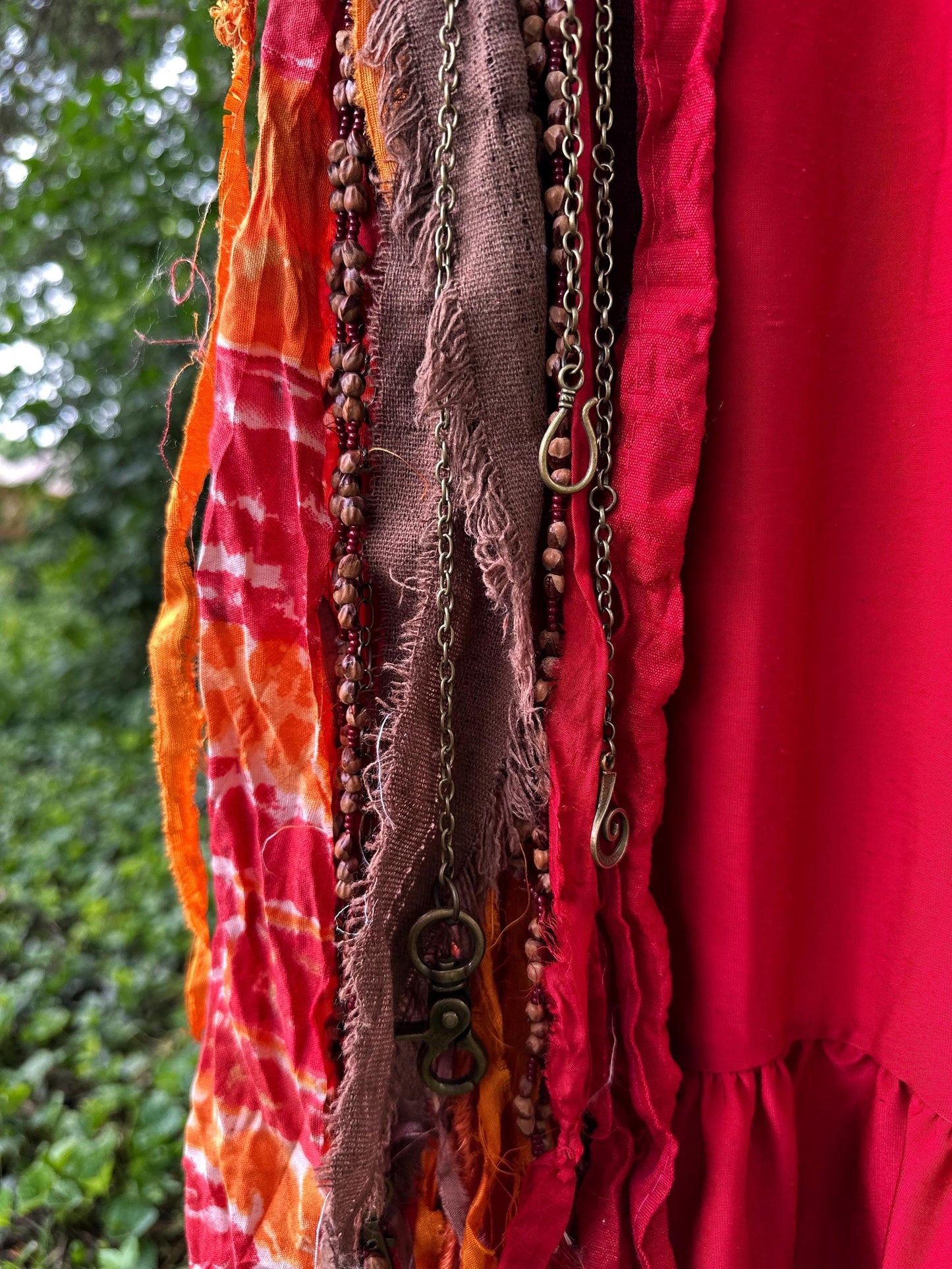 Chatelaine Belt Sash | Red & Brown Pirate Themed OOAK Accessory with Wood Beads, Hooks, Clips, | Reclaimed Materials, Silk, Linen, Fiber Art