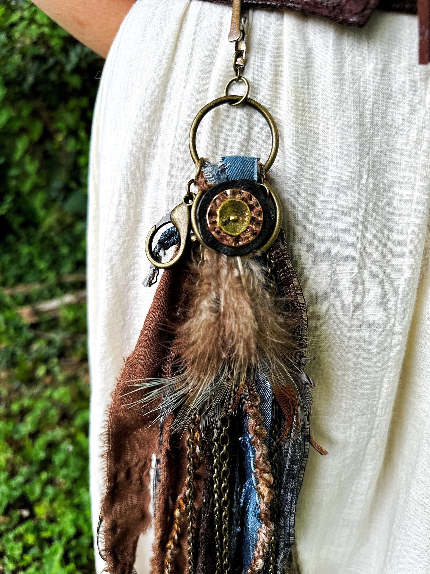 Chatelaine Belt Sash | Denim Blue & Brown OOAK Steampunk Accessory with Hooks, Clips, | Reclaimed Materials, Silk, Linen, Fiber Art, Charms