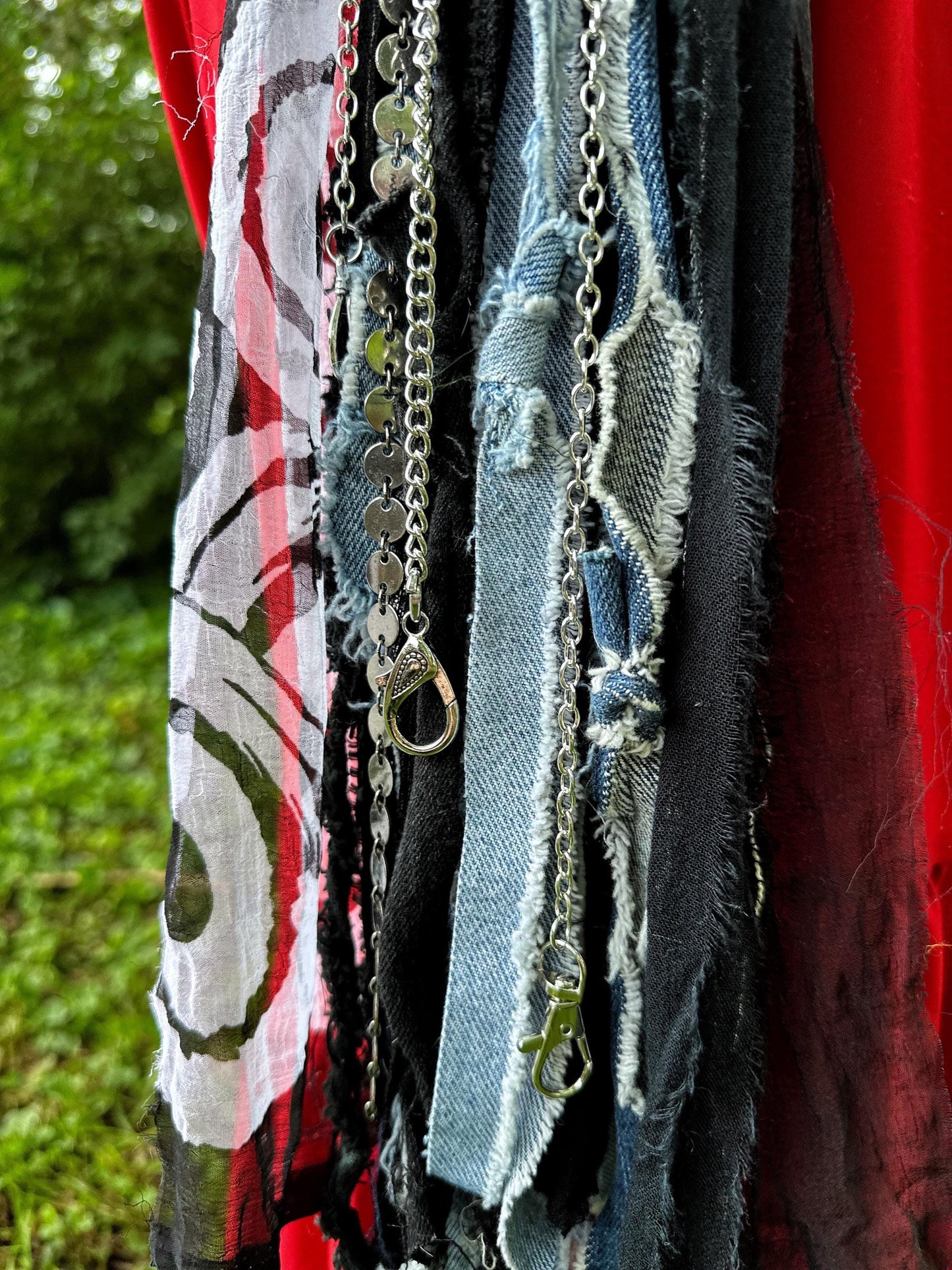 Chatelaine Belt Sash | Denim Blue & Black OOAK Steampunk Style Accessory with Hooks, Clips, | Reclaimed Materials, Silk, Linen, Fiber Art