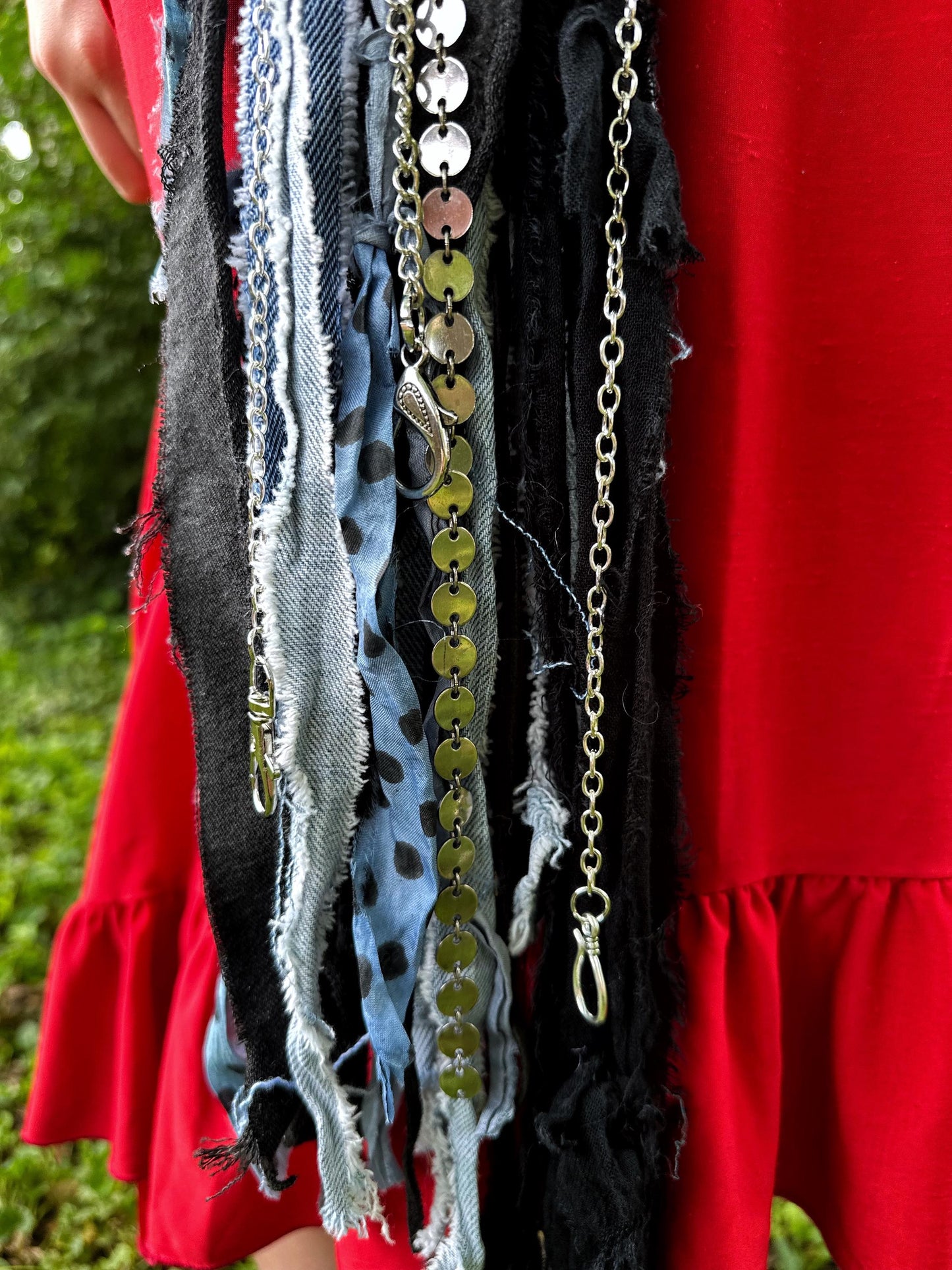 Chatelaine Belt Sash | Denim Blue & Black OOAK Steampunk Style Accessory with Hooks, Clips, Medallion | Reclaimed Materials, Silk, Fiber Art