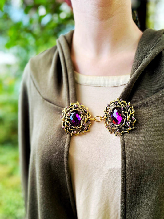 Amethyst and Gold Cloak Clasp, Costume Brooch | Forest Fairytale Brooches, Woodland Elf Nymph | Adult Costume Accessories Closure