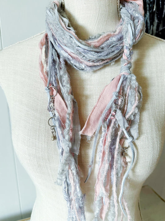 NEW Gray Silk & Icy Pink Boho Scarf | Hippie Clothes | Textile Necklace | Unique Scarves for Men, Women | Long Textured Skinny Scarf