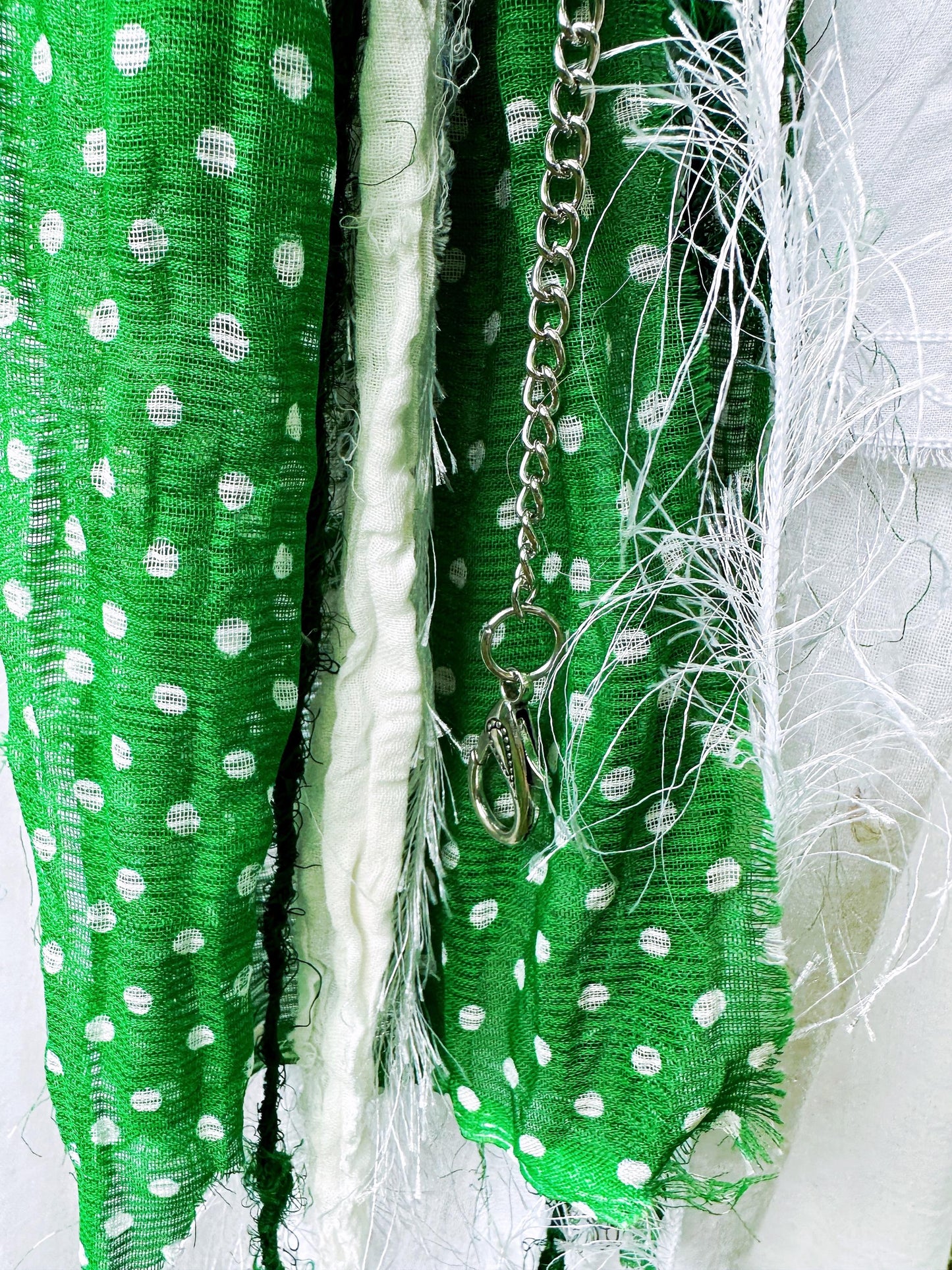 Chatelaine Belt Sash | Green & White, Silver Flowers OOAK Accessory with Hooks, Clips, Clasps | Reclaimed Materials, Silk, Linen, Fiber Art