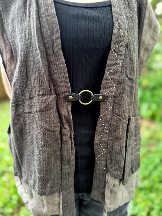 Dress Cinch Clip | Bronze Ring & Black Leather Sweater Clip | Unique Clothing Clasps Shawl Clip | Steampunk Minimalist Versatile Skinny Belt