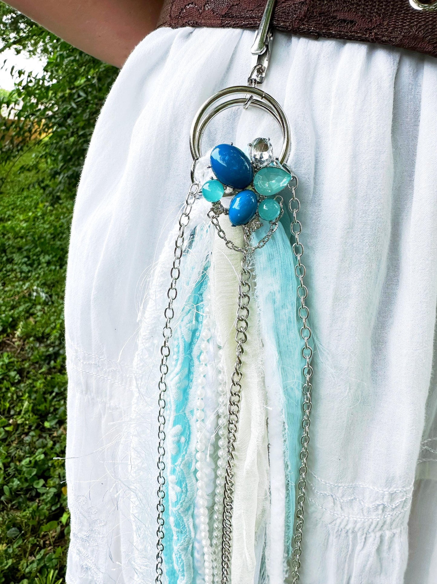 Chatelaine Belt Sash | Blue & White Silver Lace OOAK Accessory with Hooks, Clips, Clasps | Reclaimed Materials, Silk, Linen, Fiber Art