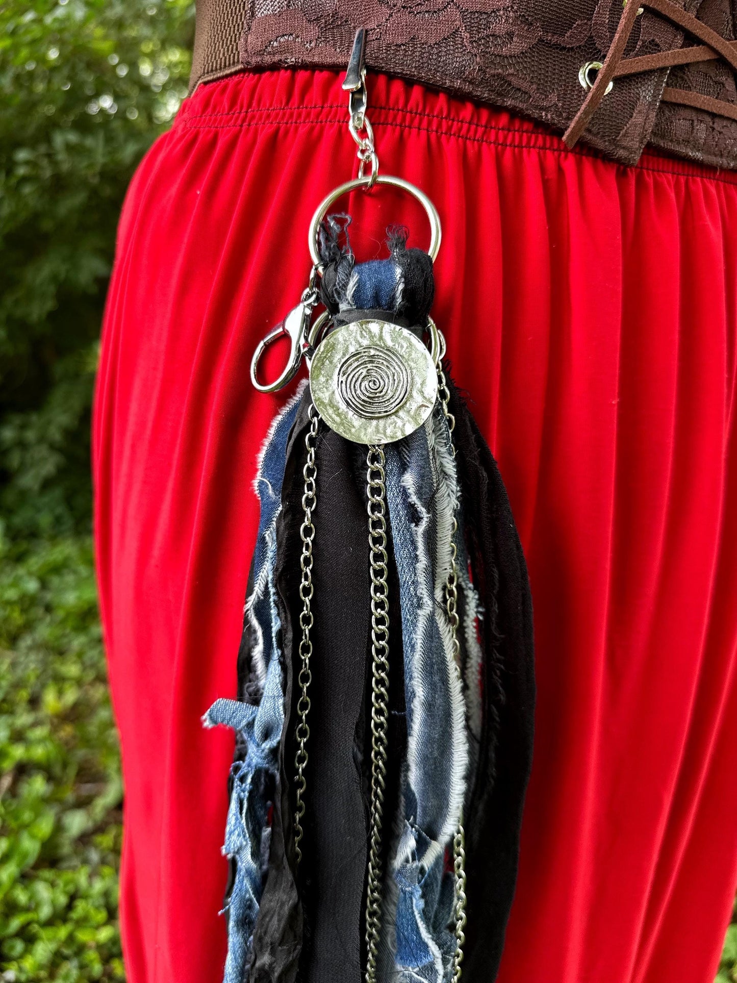 Chatelaine Belt Sash | Denim Blue & Black OOAK Steampunk Style Accessory with Hooks, Clips, | Reclaimed Materials, Silk, Fiber Art