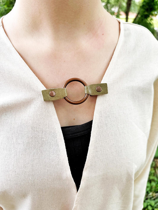 Dress Cinch Clip | Copper Ring & Green Leather Sweater Clip | Unique Clothing Clasps Shawl Clip | Steampunk Minimalist Versatile Skinny Belt