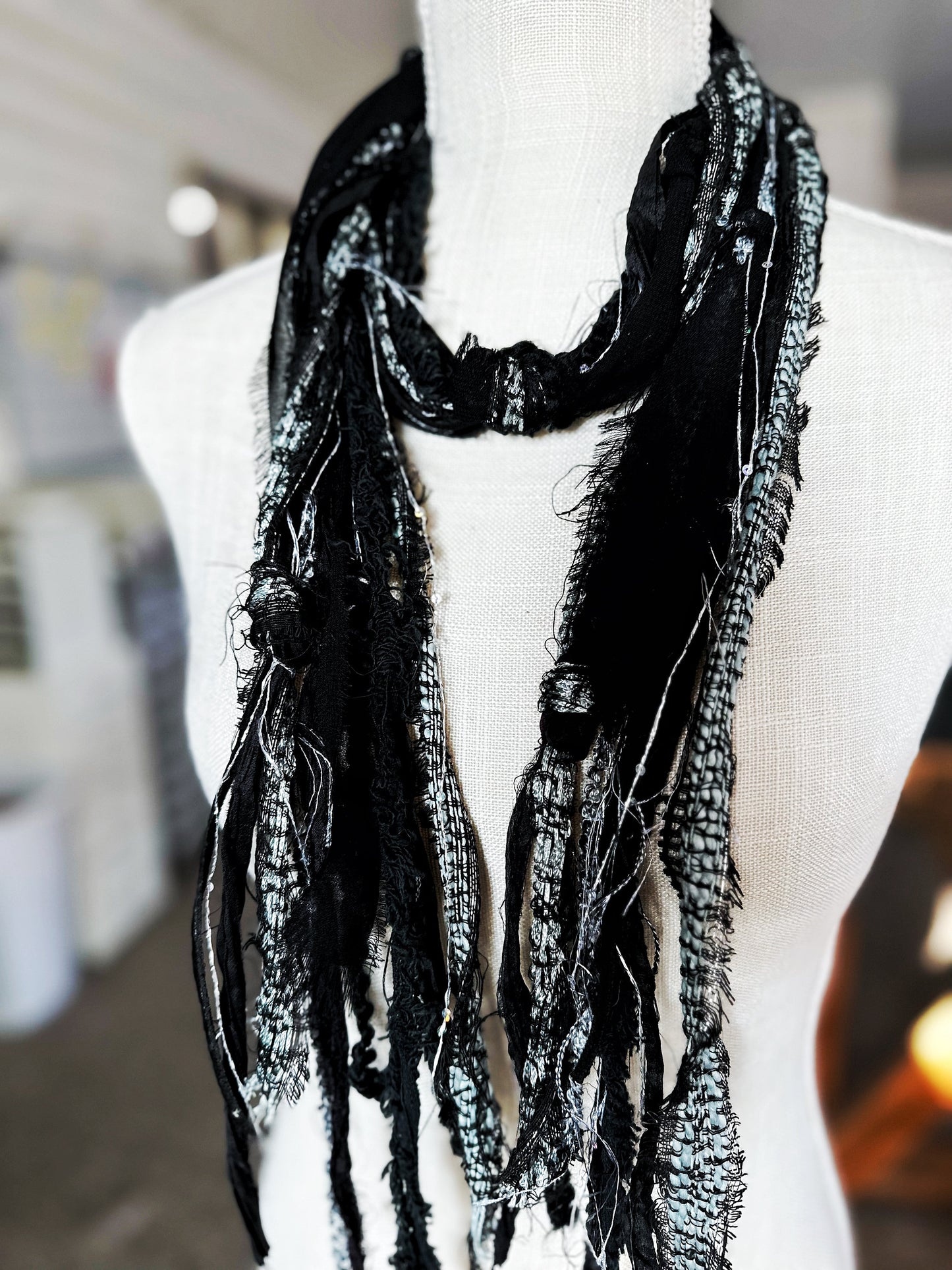 NEW Silver & Black Hobo Scarf | Hippie Clothes | Festival Clothing for Women, Men | Upcycled Repurposed Scarves | Organic Cotton, Silk