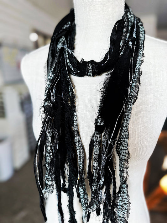 NEW Silver & Black Hobo Scarf | Hippie Clothes | Festival Clothing for Women, Men | Upcycled Repurposed Scarves | Organic Cotton, Silk