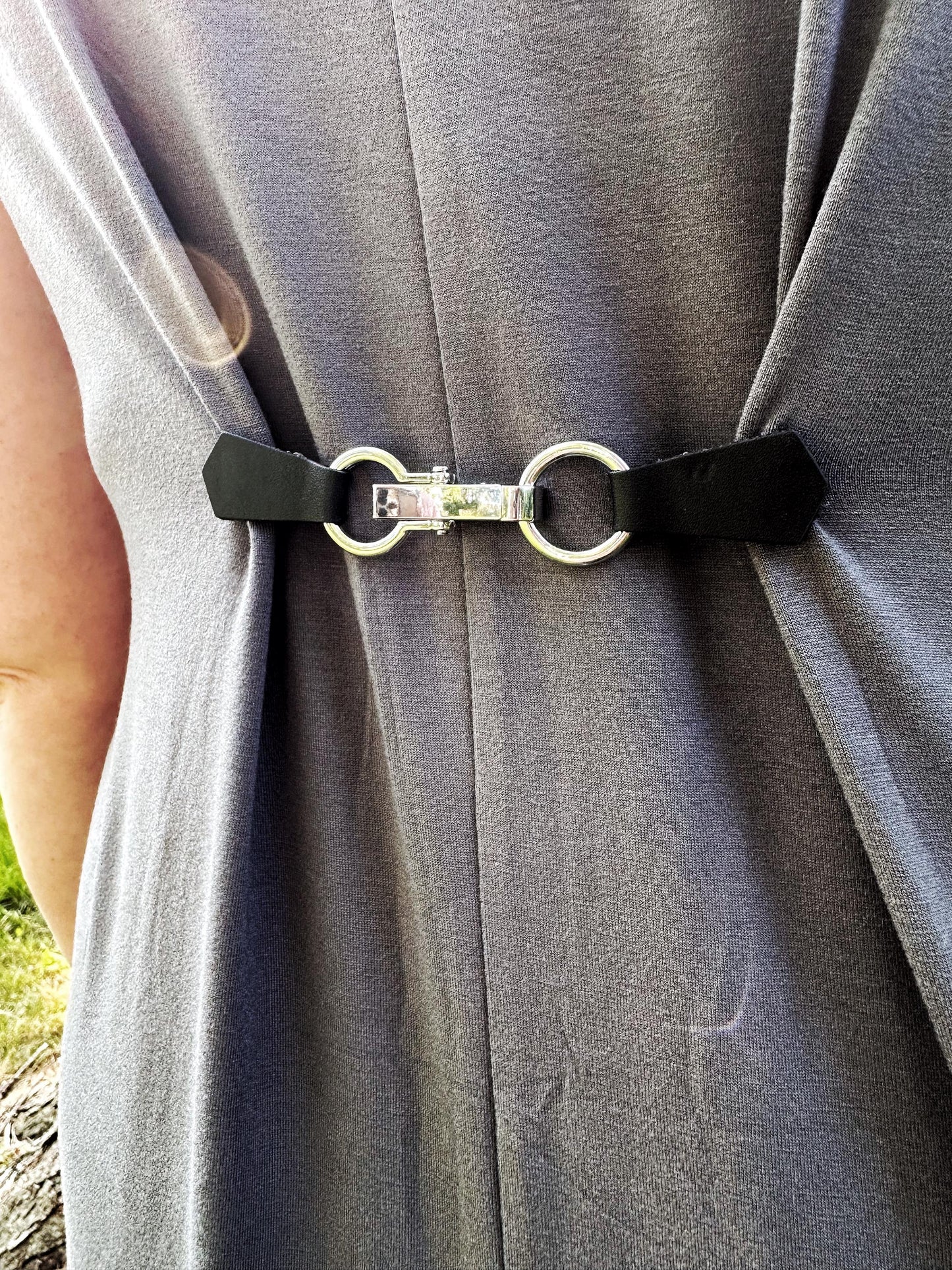 NEW Silver Buckle & Black Leather Cinch Clip, Skinny Belt Alternative for Dress, Jacket, Cardigan, Mini-Tailor Button Closure, KardiKlips