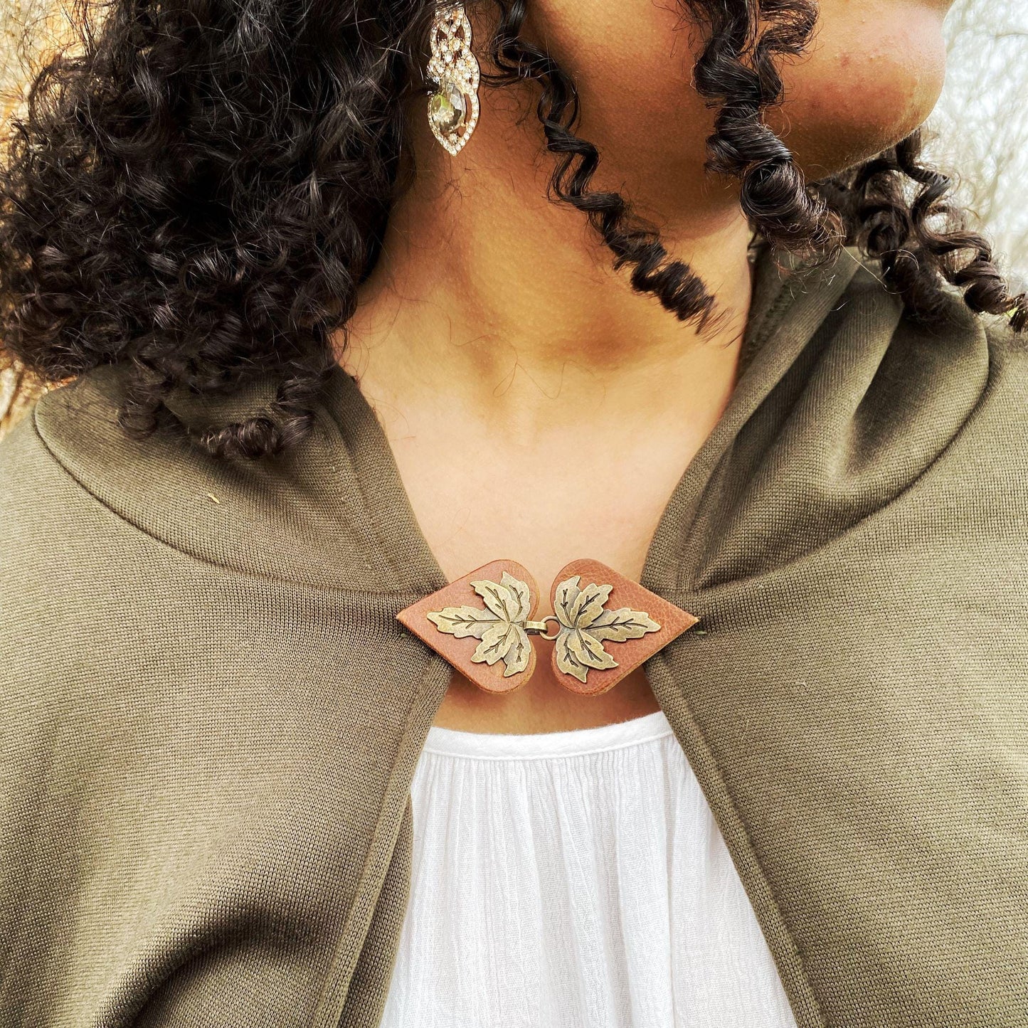 "Halcyon" Bronze Metal Leaf on Brown Leather Clothing Clasp